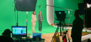 Green screen shoot at Thunderbolt studios. Two actors on set with green screen in the background